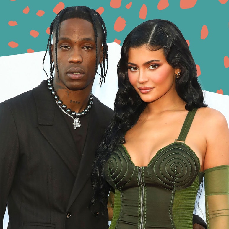 Image may contain: Kylie Jenner, Human, Person, Clothing, Apparel, Travis Scott, Fashion, and Premiere